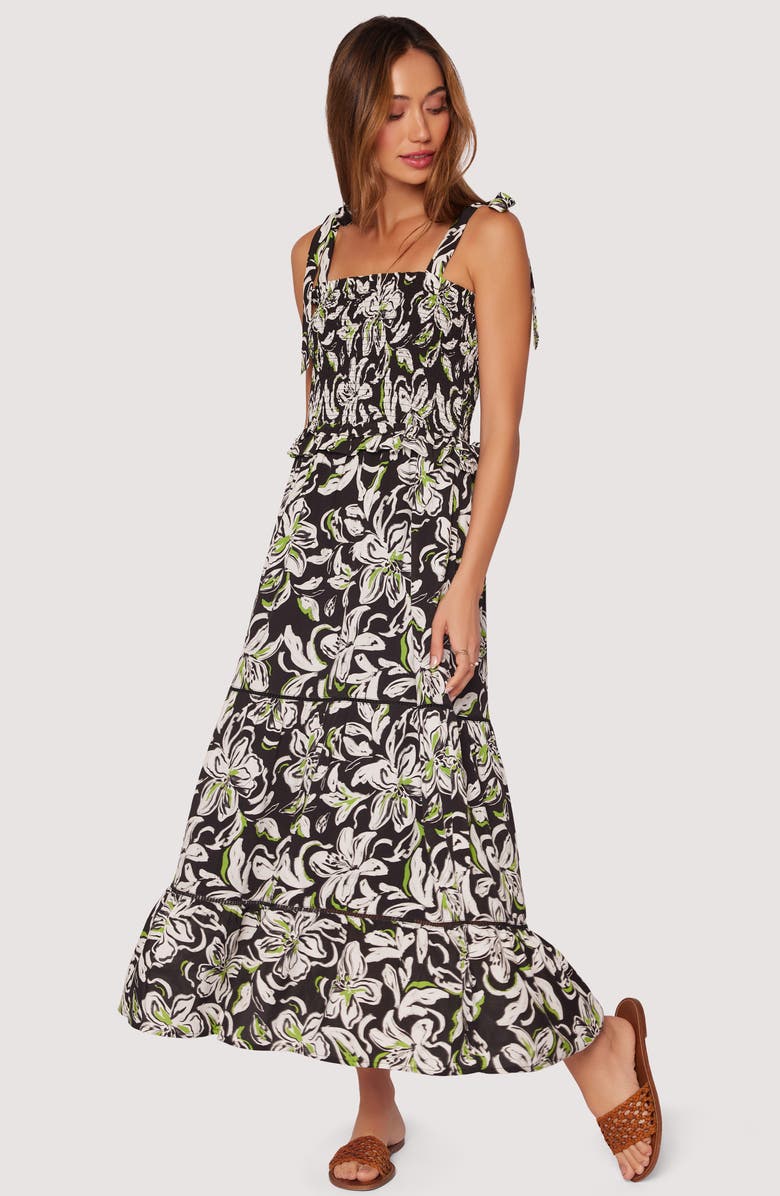 Lost + Wander Midnight Flora Smocked Maxi Dress, Alternate, color, Black White