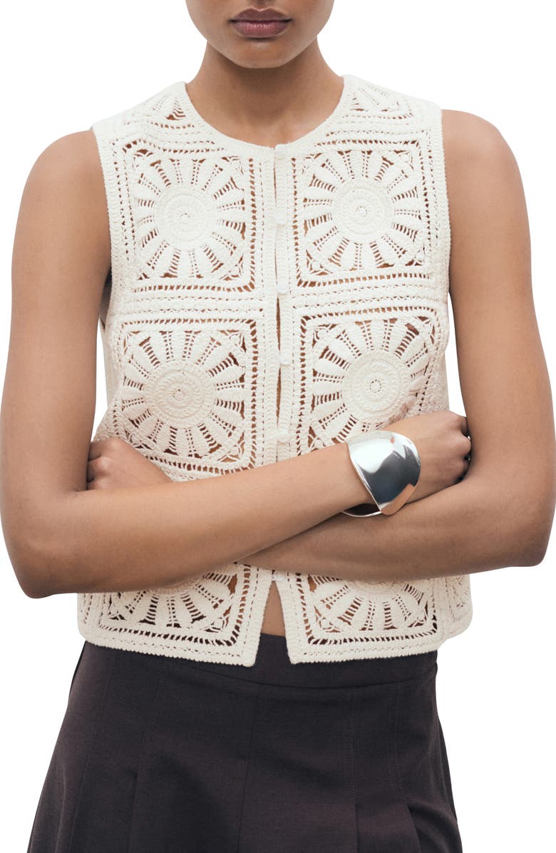 MANGO Open Stitch Button Up Waistcoat, Main, color, Ecru