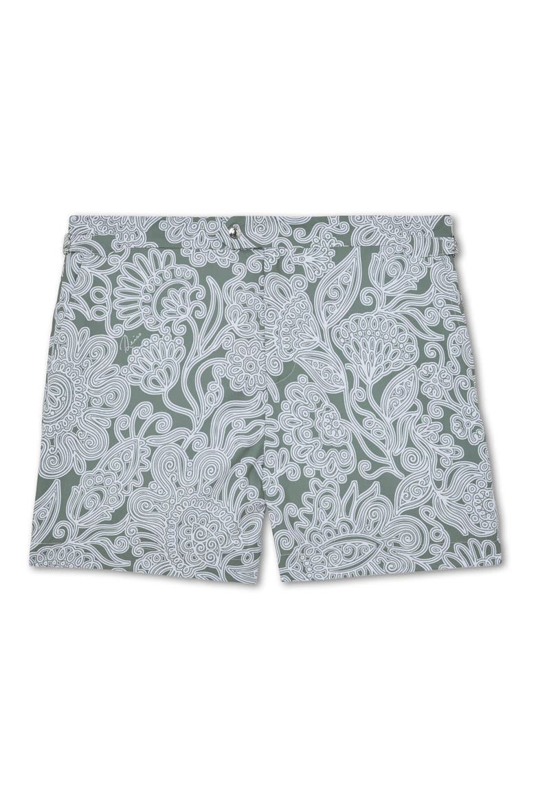 Fallow Floral Side Adjuster Swim Trunks, Alternate, color, SAGE GREEN