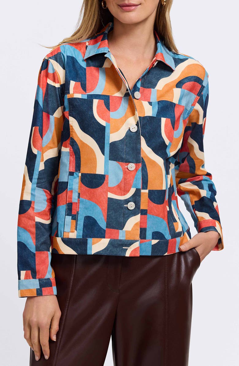 Foxcroft Thelma Geo Print Cotton Corduroy Shirt Jacket, Main, color, Blue Multi