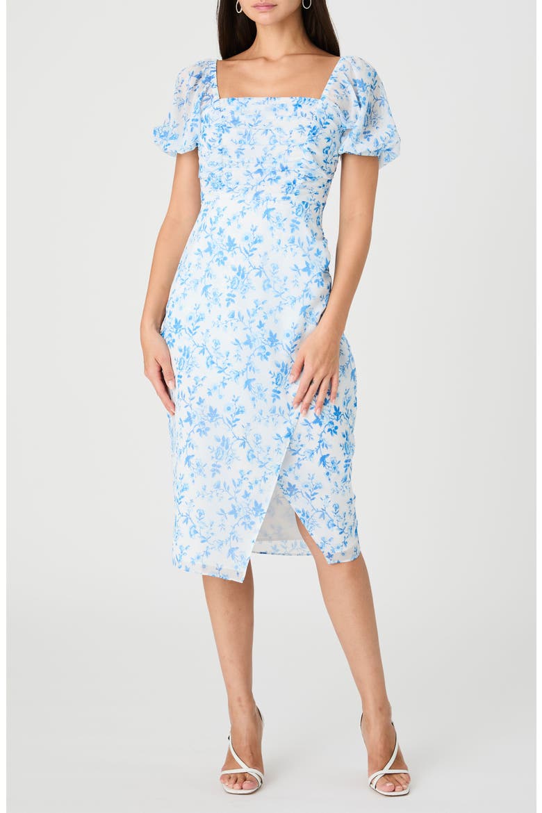 Catrina Floral Puff Sleeve A-Line Dress, Main, color, SUMMER WHITE/ SEA STAR BLUE