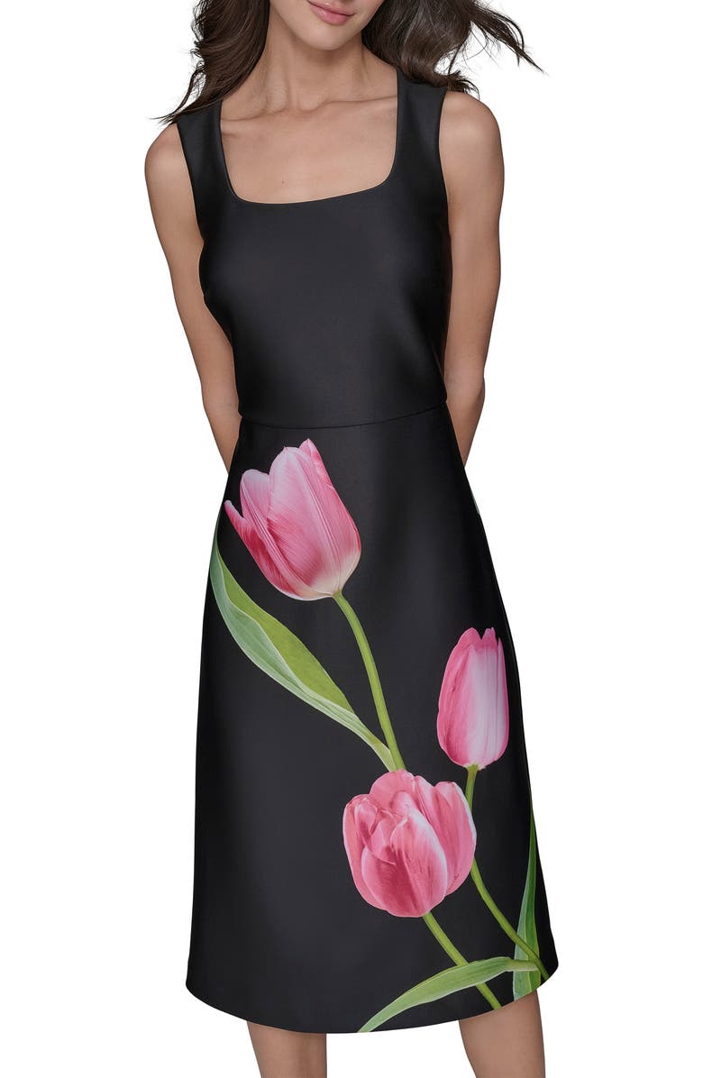 KARL LAGERFELD Flower Print Midi Dress, Main, color, Black Pink Sherbet Combo