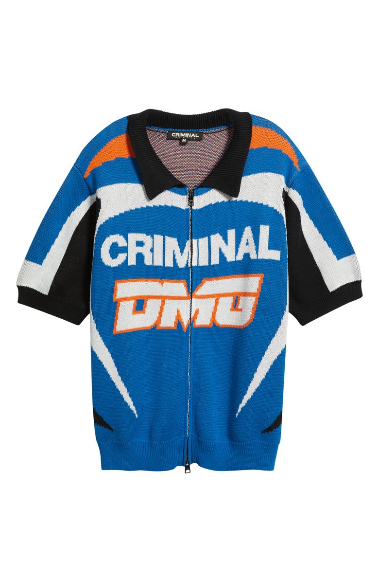 CRIMINAL DAMAGE Racer Knit Zip-Up Cardigan, Main, color, Blue/ Orange/ Black/ Ecru