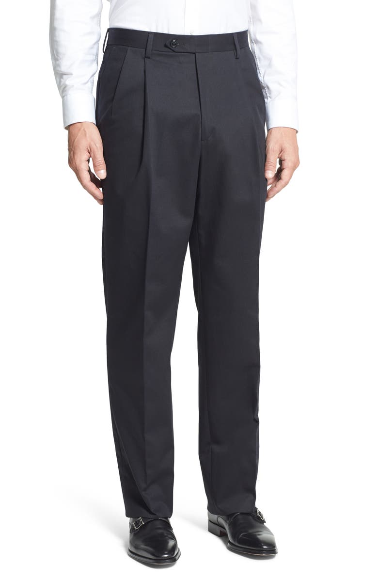 Berle Pleated Classic Fit Cotton Dress Pants, Main, color, Black