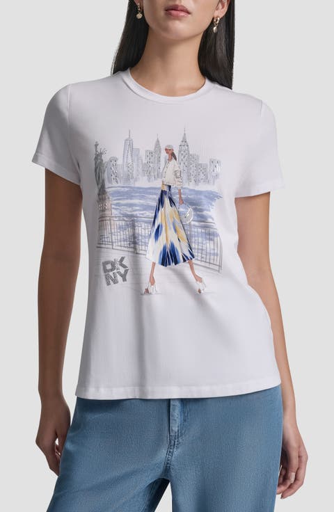 Crystal Embellished Statue of Liberty Conversational Graphic T-Shirt