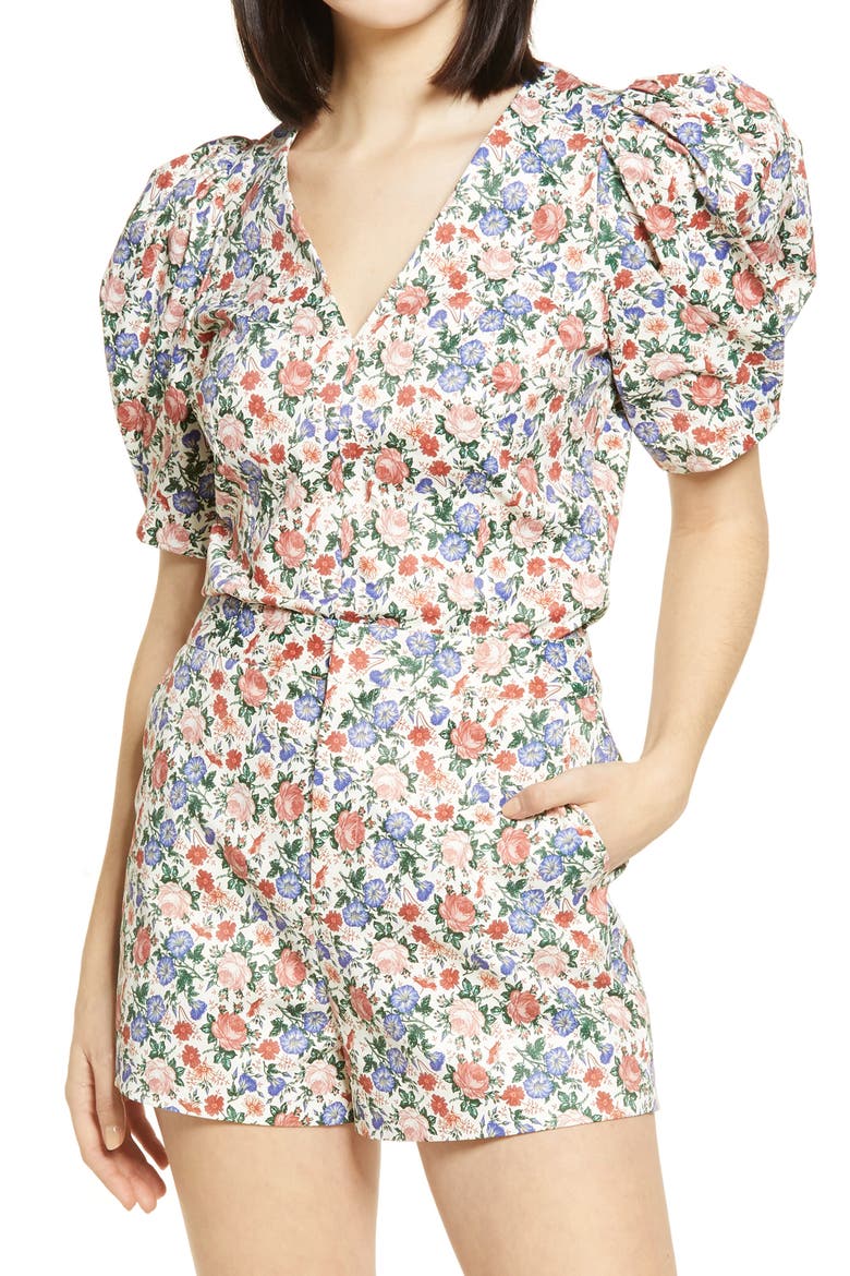 Floral Print V-Neck Top, Main, color, IVORY MULTI