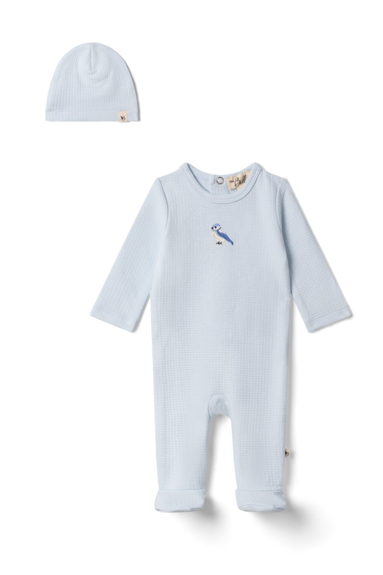 Checkered Bird Applique Romper with Hat, Main, color, Blue