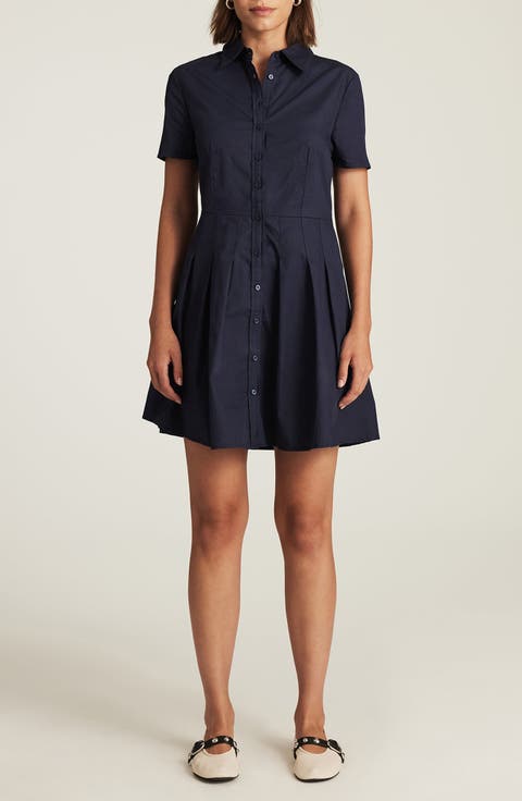 Pleated Cotton Mini Shirtdress