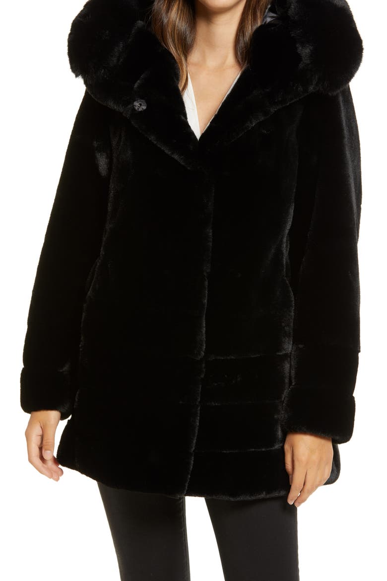 Hooded Faux Fur Coat, Alternate, color, BLACK