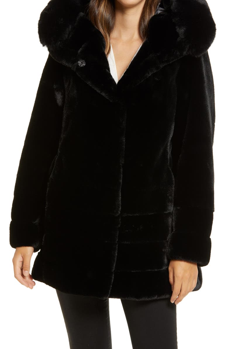 Gallery Hooded Faux Fur Coat, Alternate, color, Black
