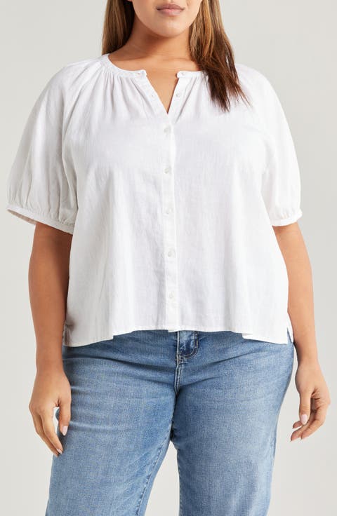 Linen Blend Puff Sleeve Top (Plus)