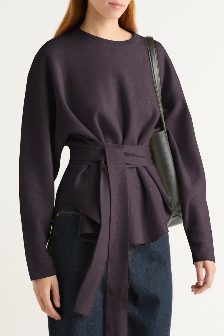 Nara Tie-Front Knit Sweater, Alternate, color, Dark Aubergine
