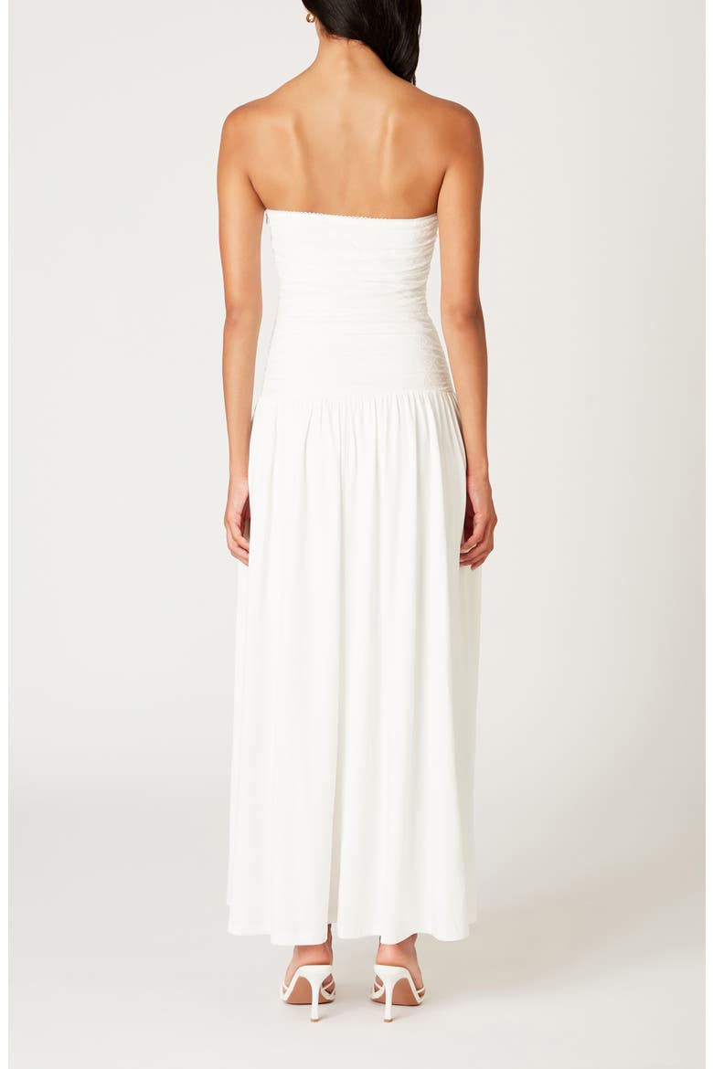 santal drop waist maxi dress NIA Santal Jersey Strapless Ruched Bodice Drop Waist Maxi Dress
