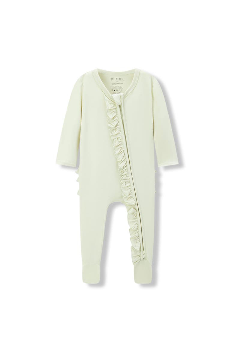 Luxe Solid Ruffle Footed Romper, Main, color, Aloe
