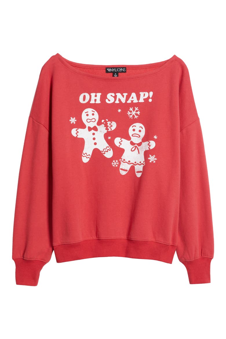 Oh Snap Holiday Off the Shoulder Graphic Fleece Sweatshirt, Alternate, color, RED