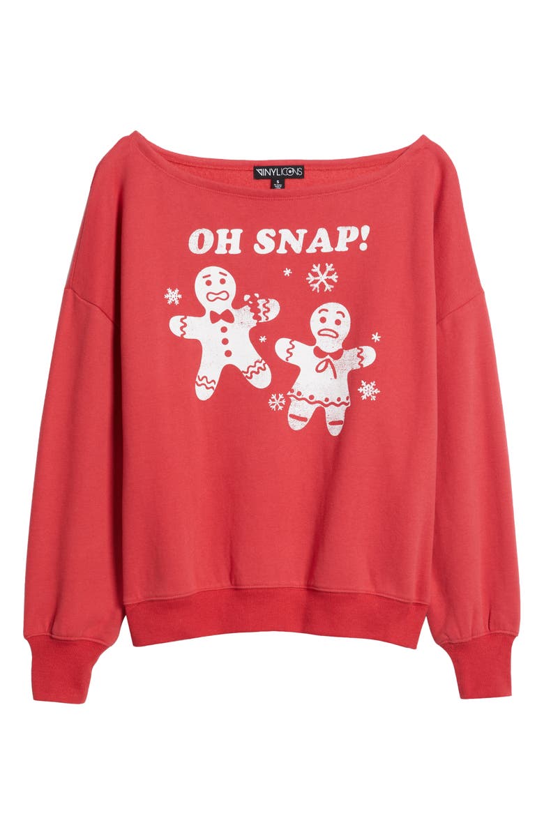 Vinyl Icons Oh Snap Holiday Off the Shoulder Graphic Fleece Sweatshirt, Alternate, color, Red