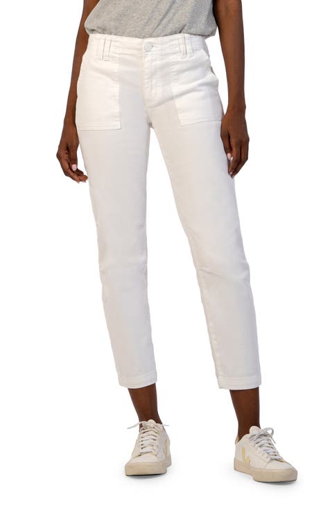 Reese Patch Pocket Mid Rise Crop Slim Straight Leg Jeans (Optic White)