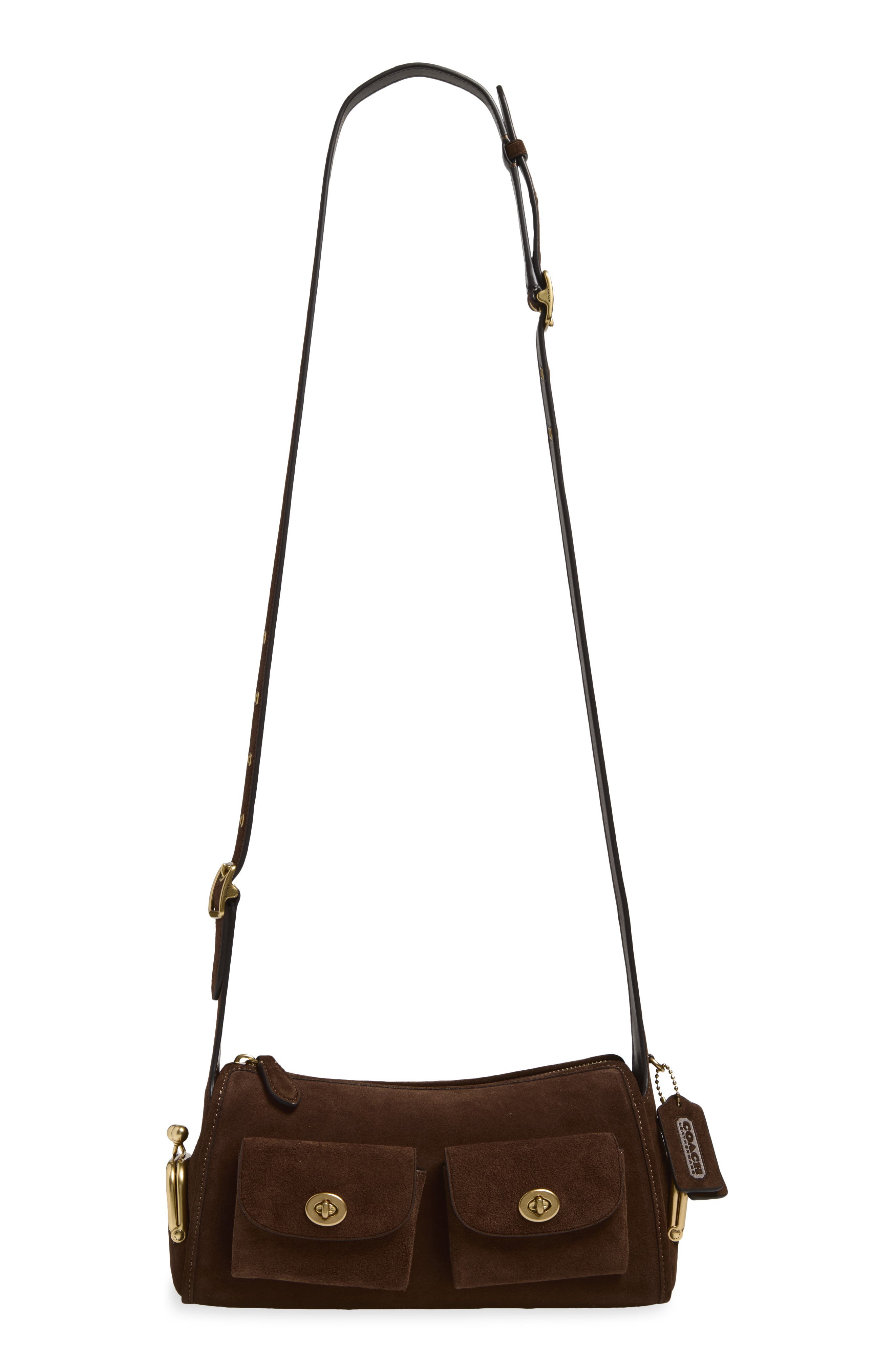 Turnlock Haversack Suede Shoulder Bag, Main, color, B4/ DARK CHOCOLATE