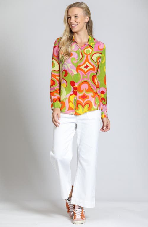 Apny Print Roll Tab Sleeve Button-up Shirt In Green Multi