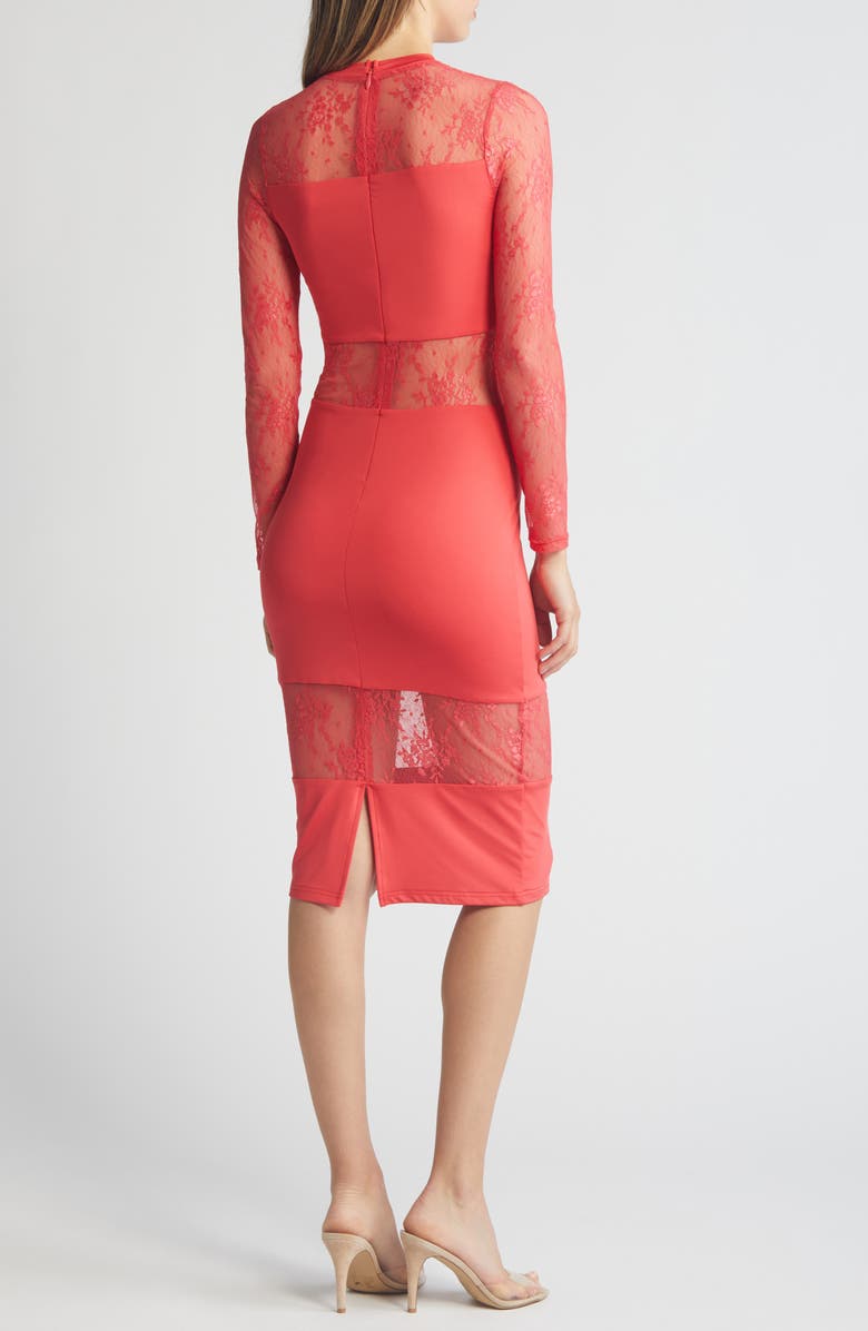 bebe Lace Inset Long Sleeve Midi Dress, Alternate, color, Red