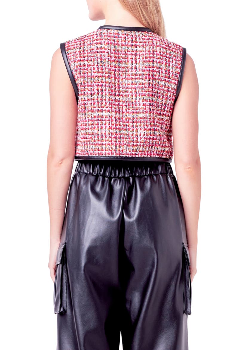 Faux Leather Trim Crop Tweed Vest, Alternate, color, RED MULTI