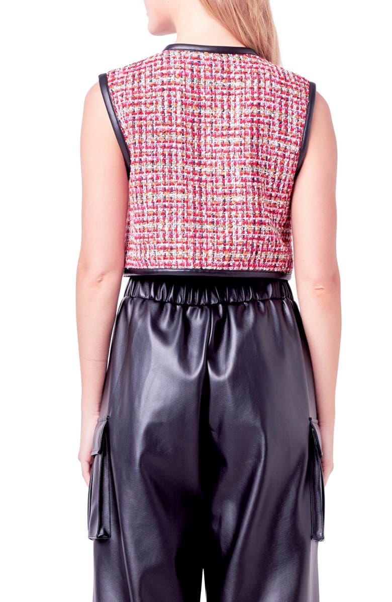 English Factory Faux Leather Trim Crop Tweed Vest, Alternate, color, Red Multi