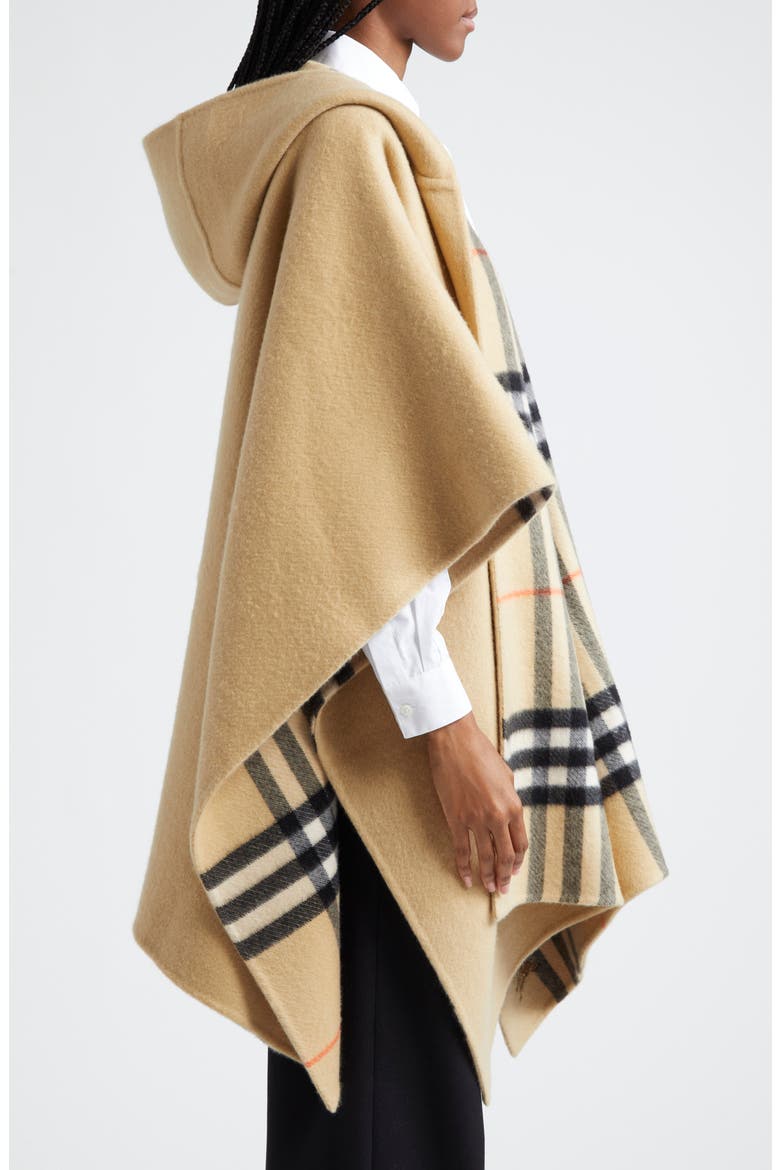 Check/EKD Reversible Hooded Cashmere Cape, Alternate, color, SAND/SAND