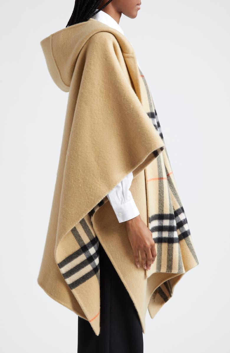 Burberry Check/EKD Reversible Hooded Cashmere Cape, Alternate, color, 