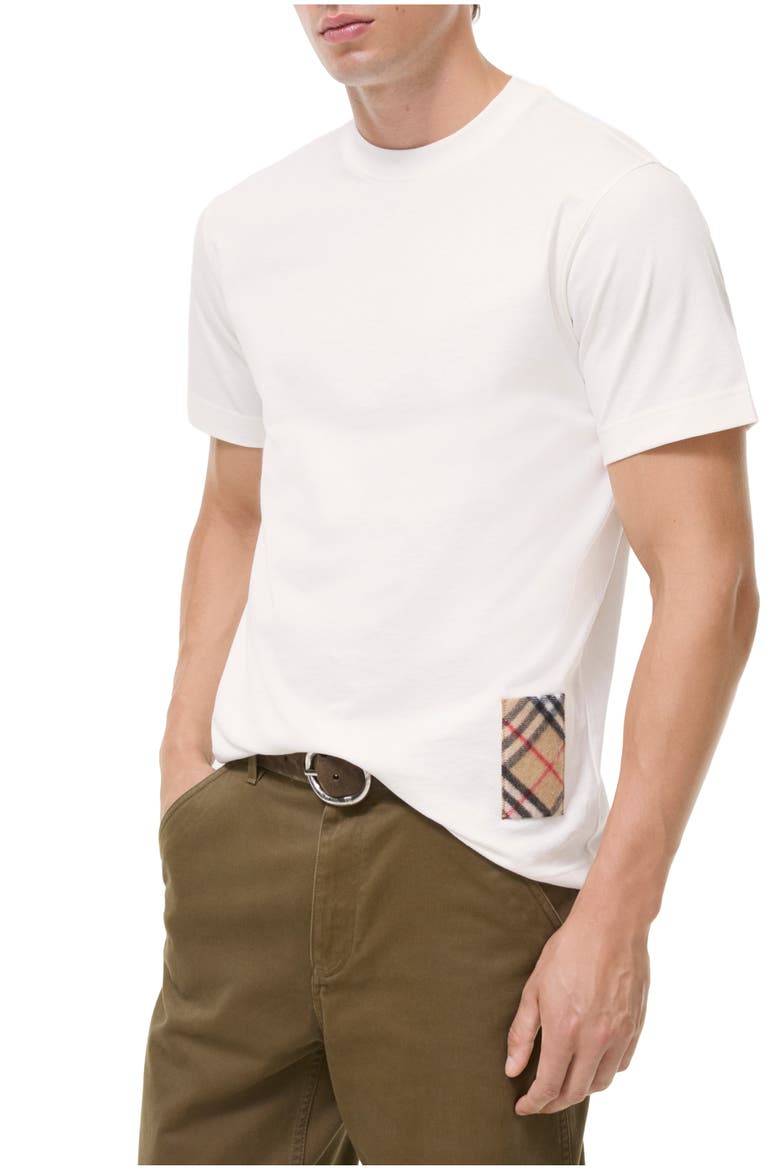 Check Cashmere Patch Cotton T-shirt, Main, color, Chalk white