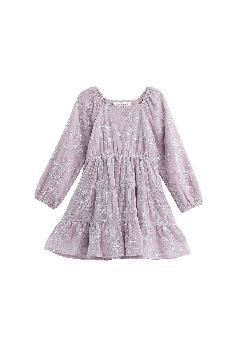 Sugarplum Sparkle Long Sleeve Floral Sequin Square Neck Tiered Dress, Alternate, color, Purple