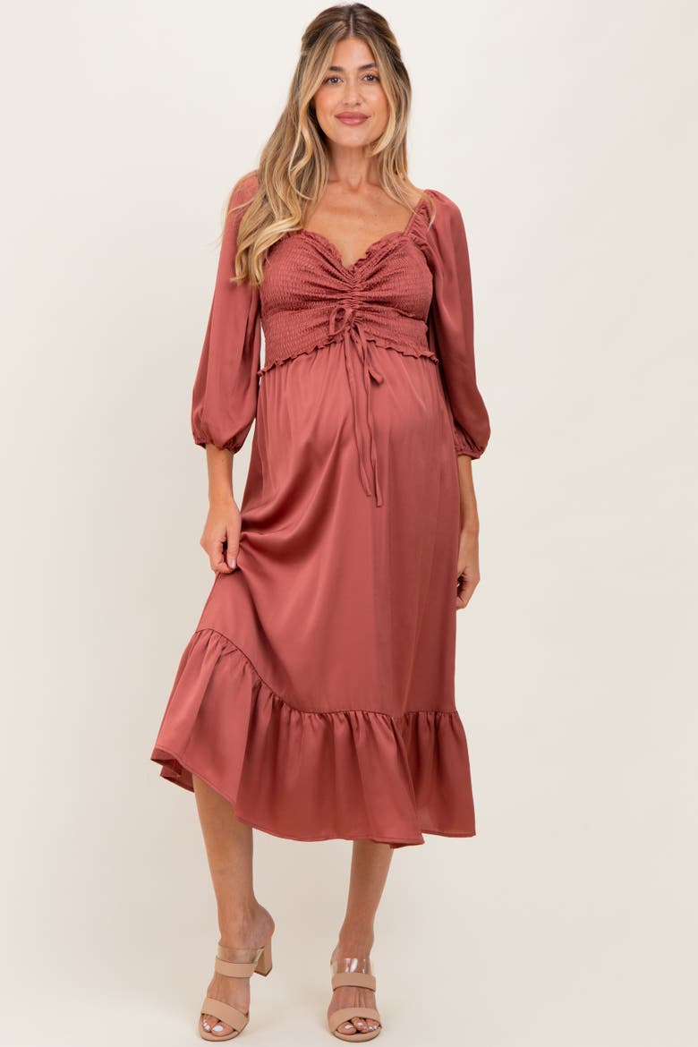Satin Smocked Cinched Bust Midi Dress, Main, color, Mauve
