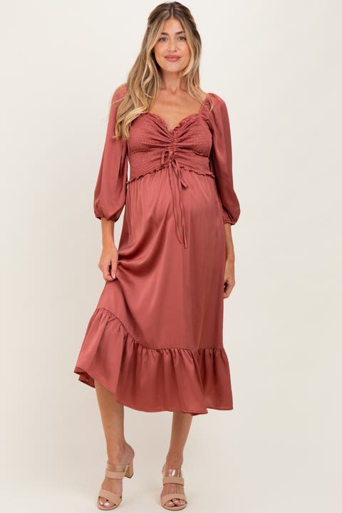 Satin Smocked Cinched Bust Midi Dress