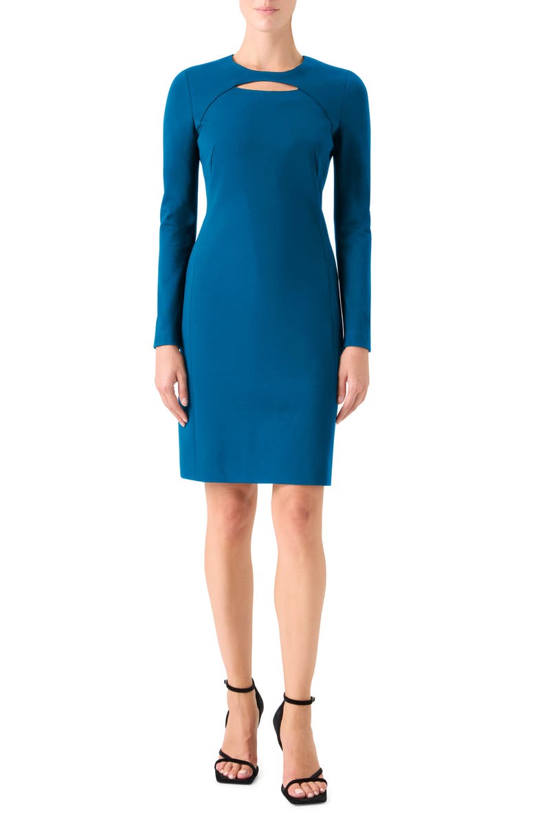 Akris punto Keyhole Long Sleeve Sheath Dress, Main, color, Teal