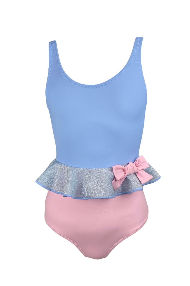 Silver Shimmer Ruffle and Bow One-Piece Swimsuit, Main, color, Blue-Pink