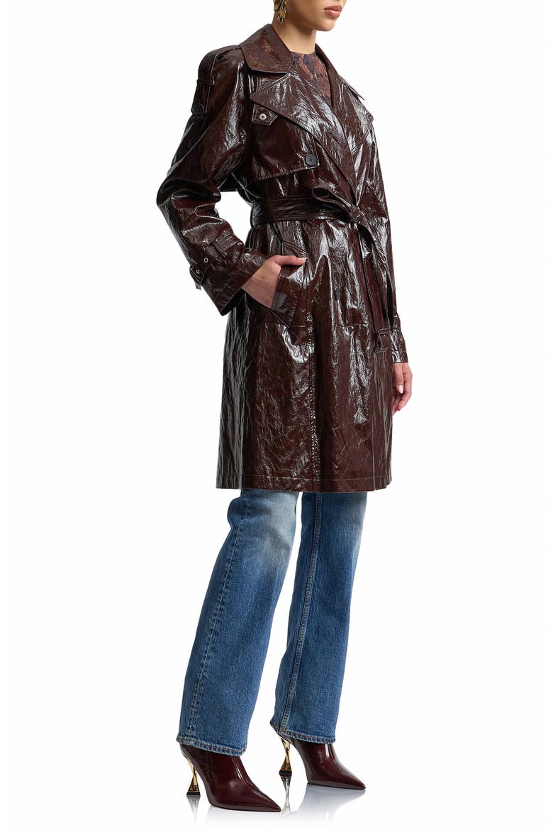 Belted Double Breasted Faux Leather Trench Coat, Alternate, color, DARK PLUM