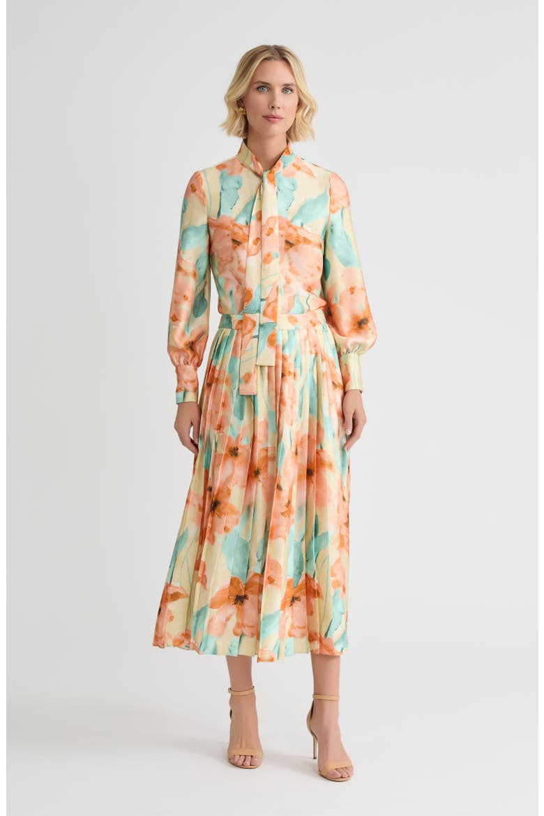 Floral Printed Crepe de Chine Blouse, Alternate, color, Sunglow/Mystic Green