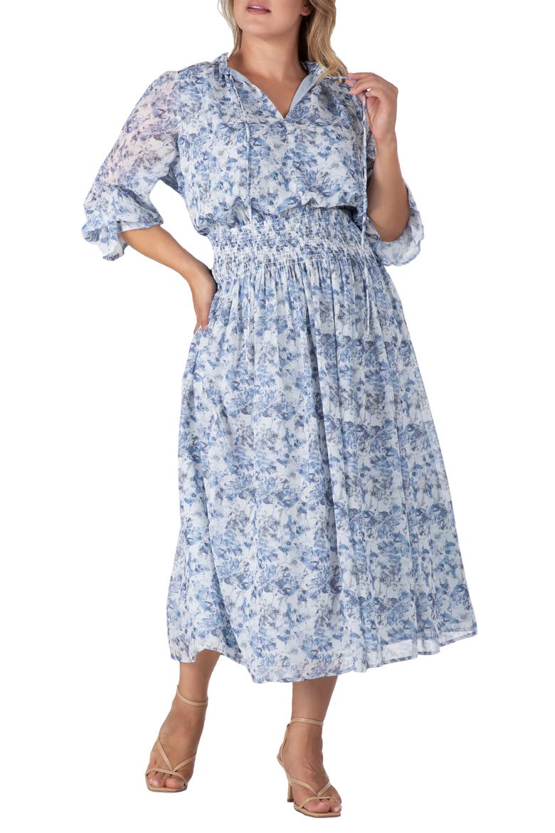 Floral Long Sleeve Midi Dress, Alternate, color, BLUE WHITE PRINT