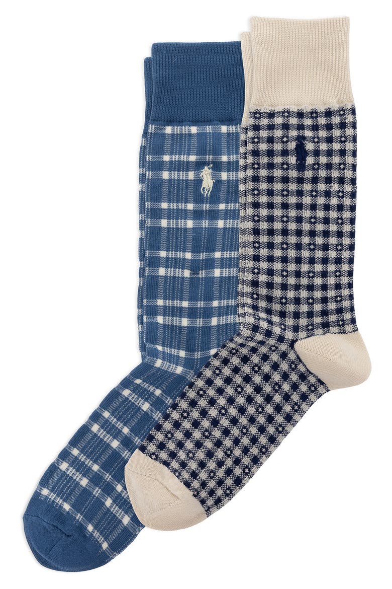 Assorted 2-Pack Plaid & Check Cotton Blend Dress Socks, Main, color, CREAM/ BLUE