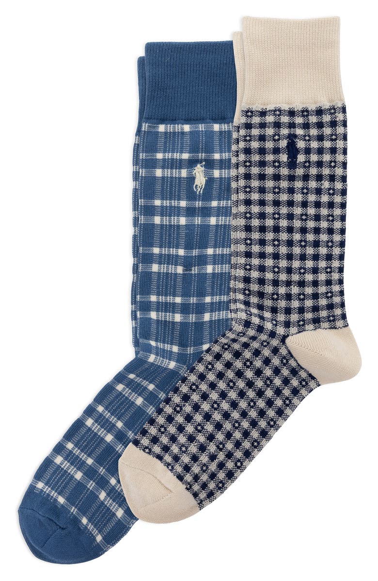 Polo Ralph Lauren Assorted 2-Pack Plaid & Check Cotton Blend Dress Socks, Main, color, Cream/ Blue