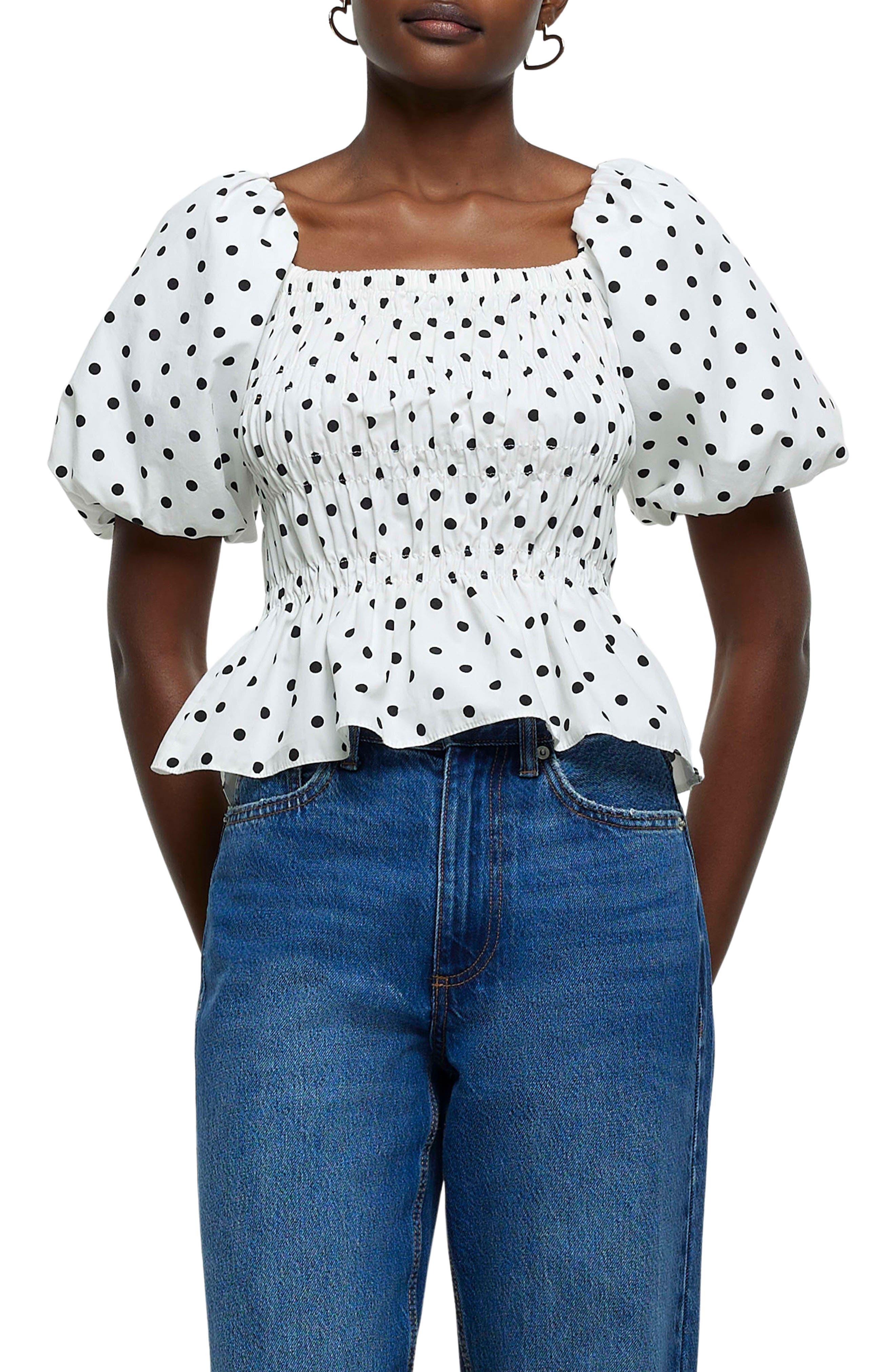 River Island Shirred Polka Dot Puff Sleeve Cotton Top (Women ...