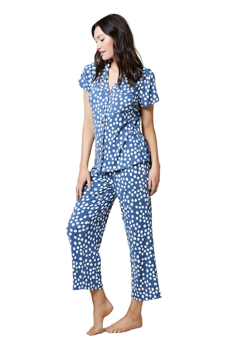 Softies Aria - Slim Notch Collar Top and Capri Pant Sleepwear Set, Alternate, color, Indigo Dot