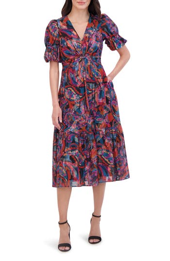 Vince Camuto Metallic Floral Chiffon Midi Dress