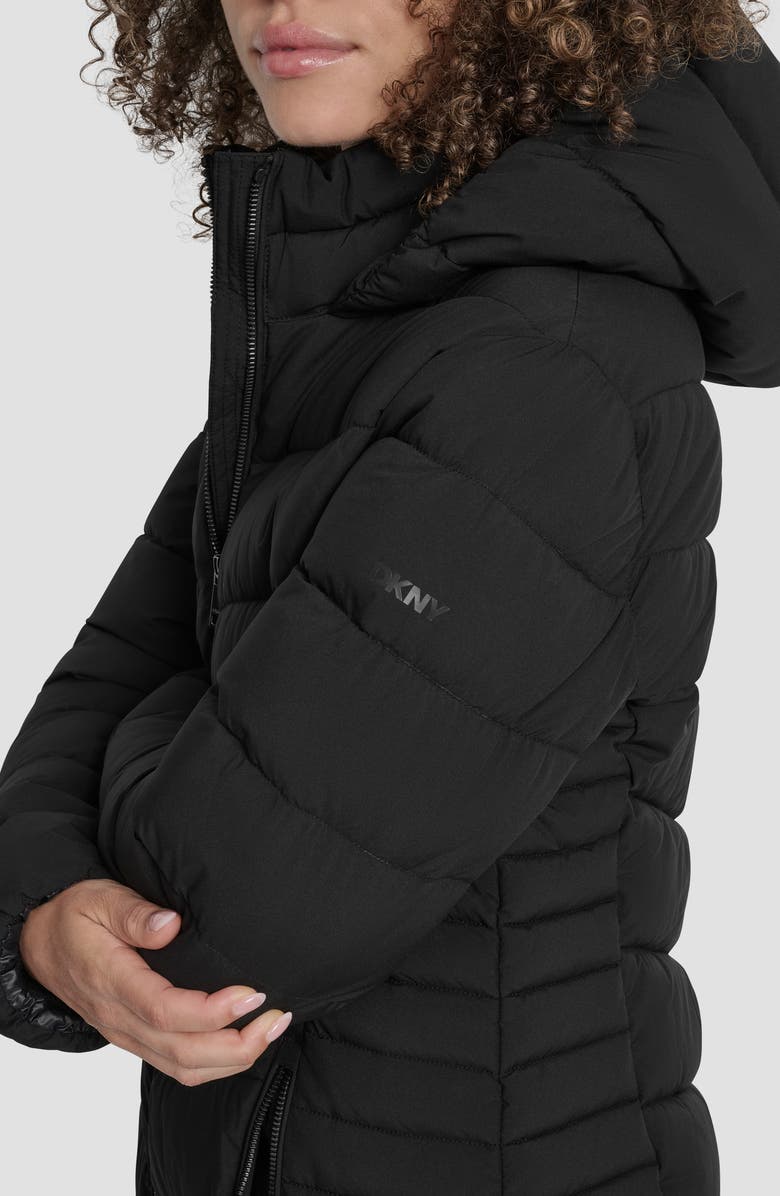 DKNY Cire Packable Hooded Longline Puffer Jacket, Alternate, color, Ebony Stretch