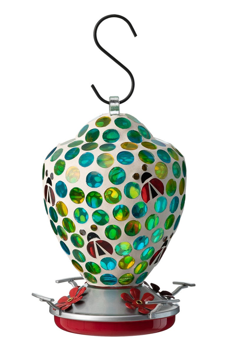 Glitzhome 8.25"H Glass Hanging Dots & Ladybugs Mosaic Birdfeeder, Main, color, Green