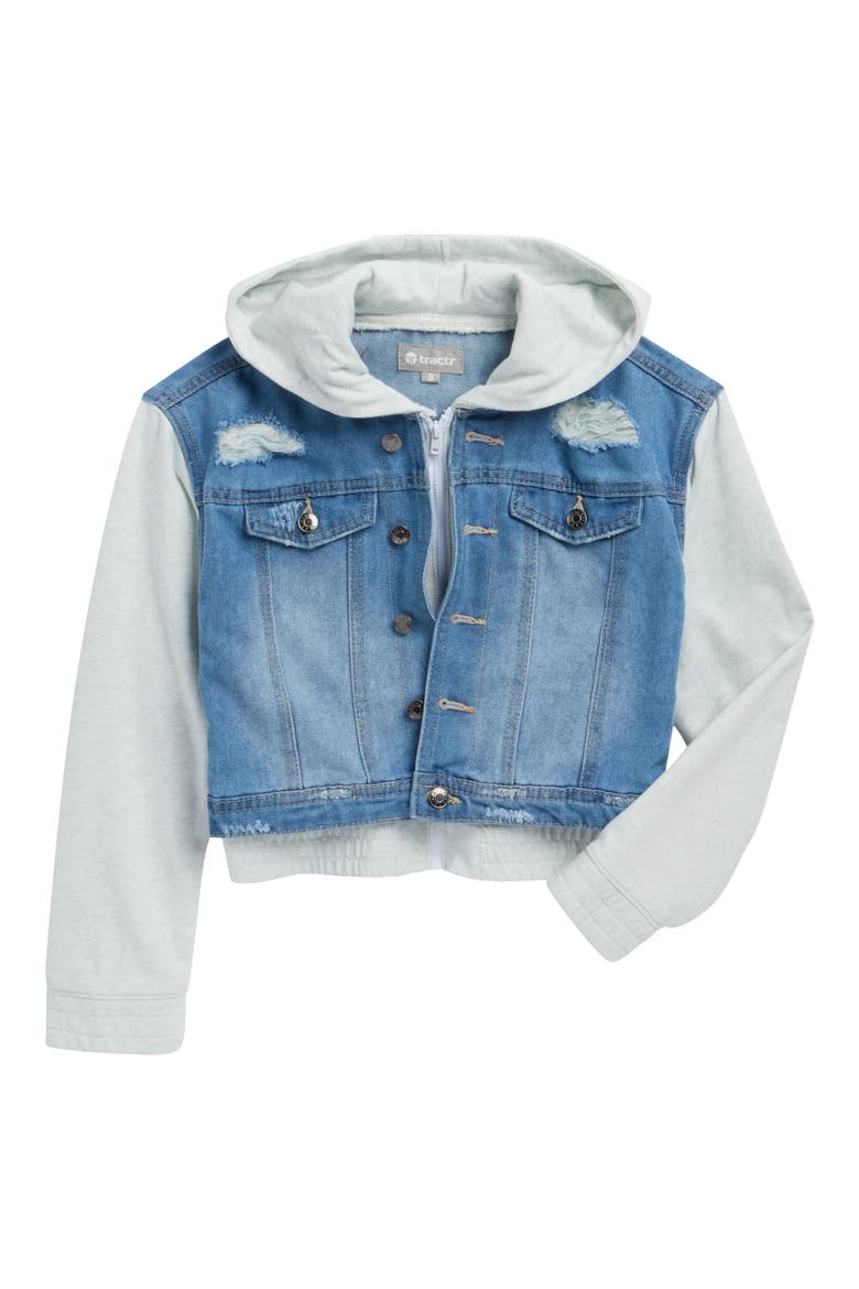 Kids' French Terry Trim Denim Jacket, Main, color, MEDIUM INDIGO