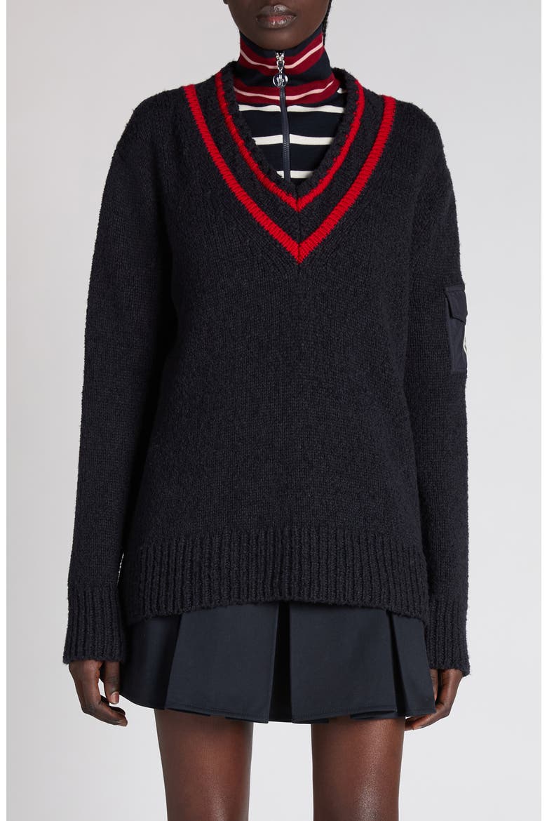 Padded V-Neck Sweater, Main, color, DARK NAVY BLUE