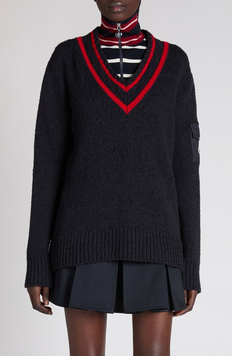 Moncler Padded V-Neck Sweater, Main, color, Dark Navy Blue