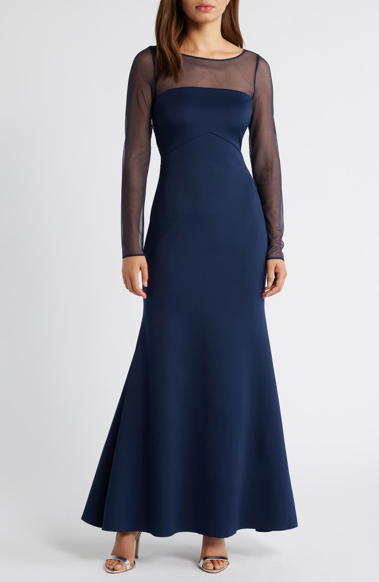 Eliza J Rosette Mesh Trim Long Sleeve Gown, Main, color, Navy
