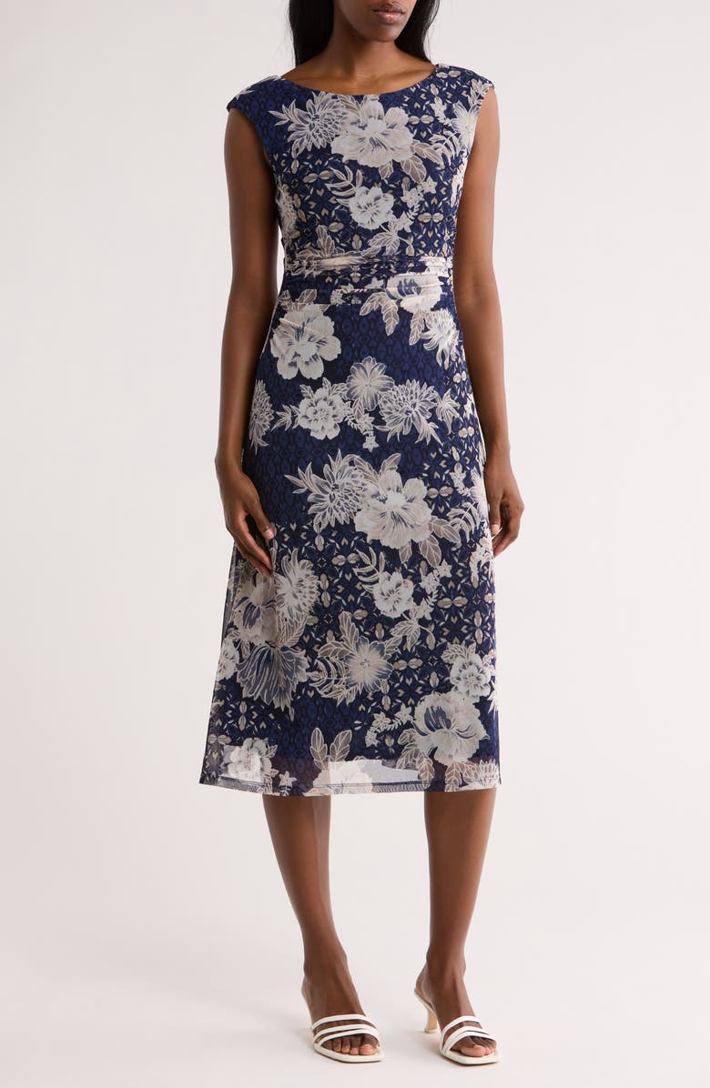 Connected Apparel Floral Mesh Midi Dress, Main, color, 