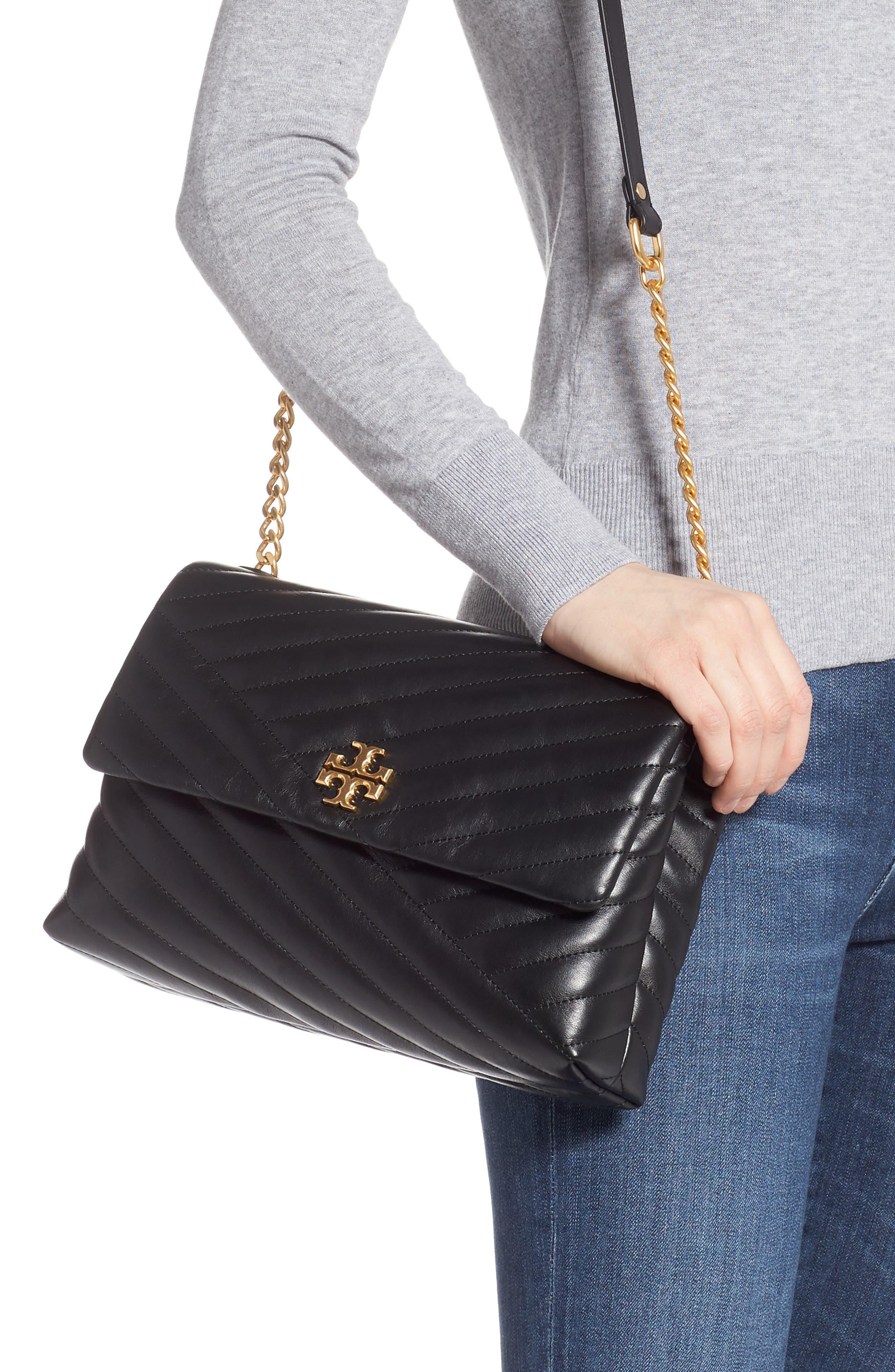 Kira Chevron Quilted Leather Shoulder Bag, Alternate, color, BLACK